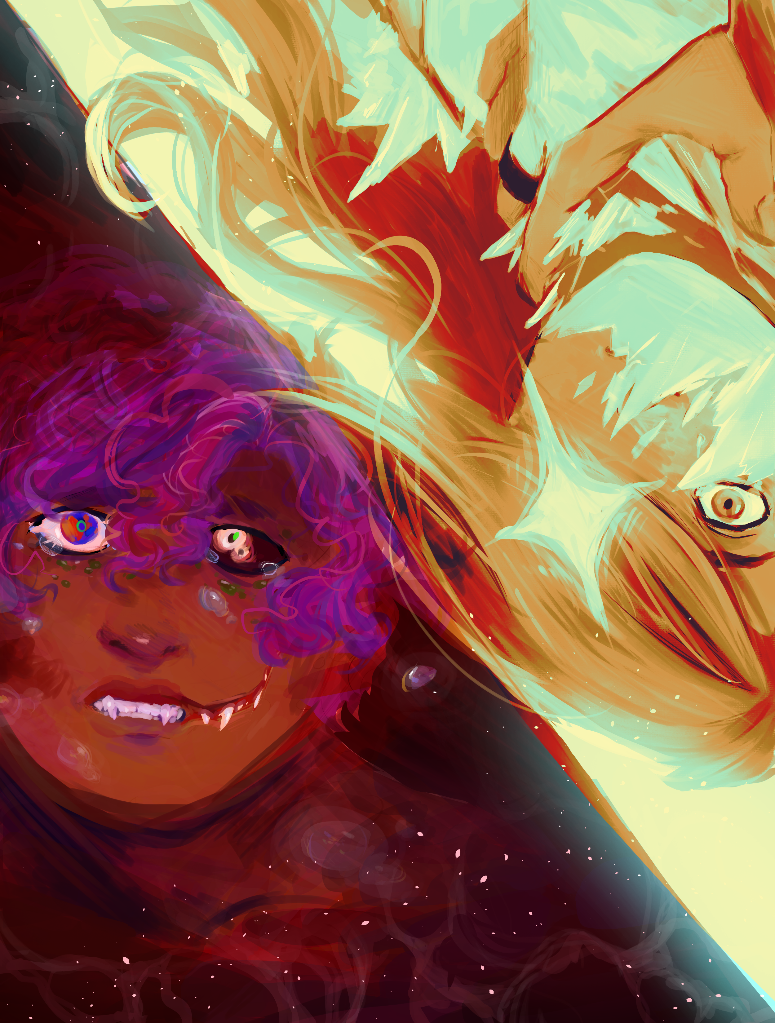 ID: A digital painting of two figures from the shoulders up. One is a person with dark skin and purple hair. They are submerged in a bloodlike ocean, and look above the viewer with a pained expression. On one side of their face, their cheek splits open to reveal a mass of sharp teeth, and their right eye is a gory red. The other figure has a medium skin tone and long orange hair. His face is partially obscured by a smashed faceplate made of glass. He grasps at his neck and stares at the viewer with a terrified expression. End ID.